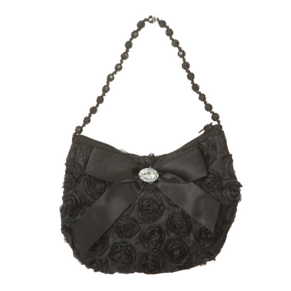 Girls Black Rosette Rhinestone Beaded Handle Ribbon Bow Accent Bag Purse - SophiasStyle.com