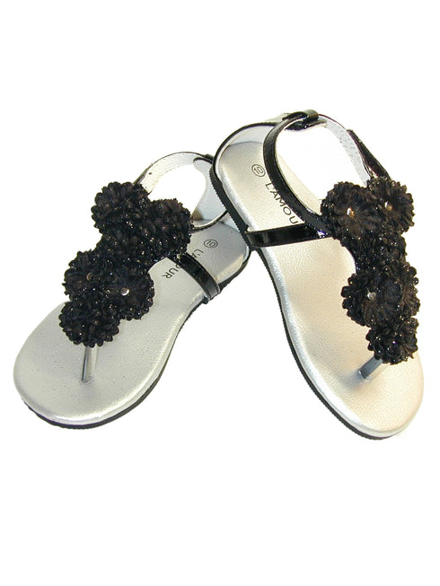 L`Amour Big Girls Black Flower Array T-Strap Summer Sandals 11-4 Kids - SophiasStyle.com