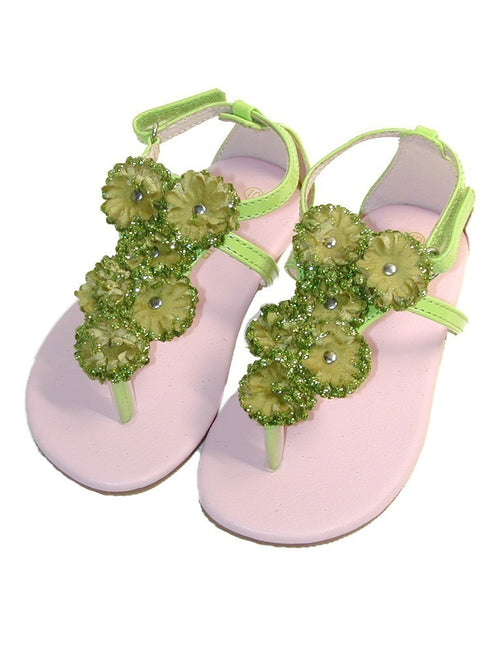 L`Amour Little Girls Lime Flower Array T-Strap Summer Sandals 7-10 Toddler - SophiasStyle.com