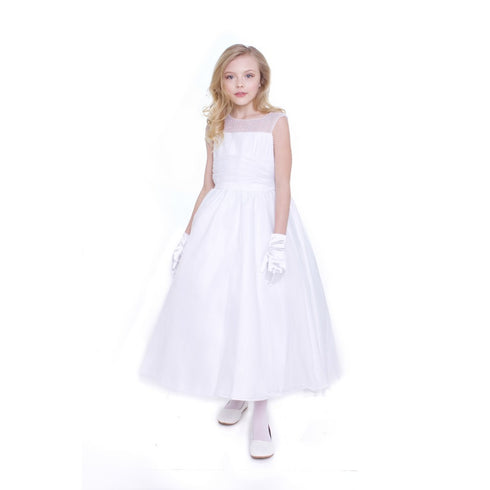 Petite Adele Big Girls White Chiffon A-line Pearls Flower Girl Dress 8-12 - SophiasStyle.com