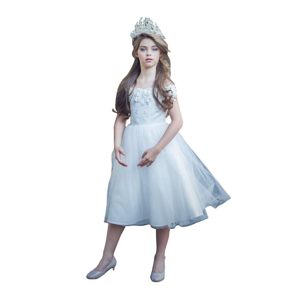 Petite Adele Little Girls White Satin Tulle Off-Shoulder Flower Girl Dress 2T-6 - SophiasStyle.com