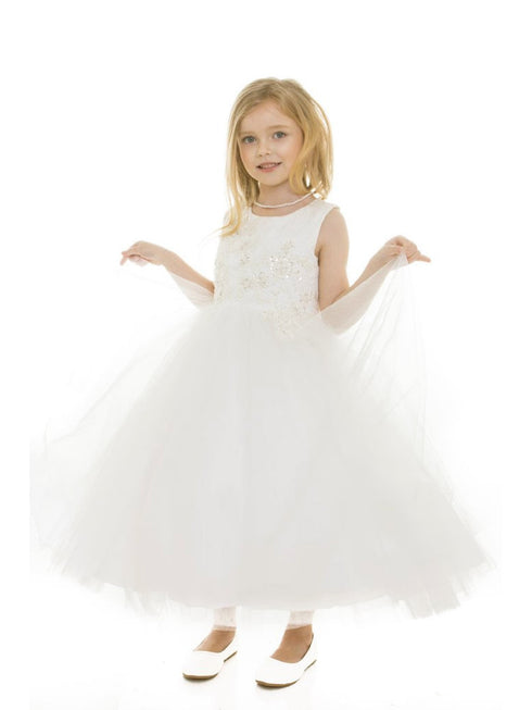 Petite Adele Little Girls Ivory Jacquard Tulle Luna Flower Girl Dress 2-6 - SophiasStyle.com