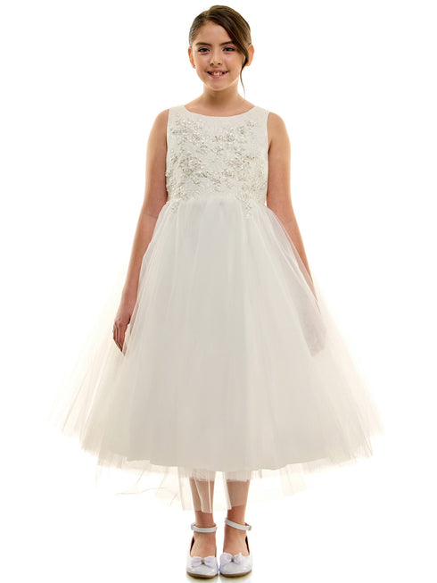 Petite Adele Big Girls Ivory Jacquard Tulle Beaded Luna Communion Dress 8-16 - SophiasStyle.com