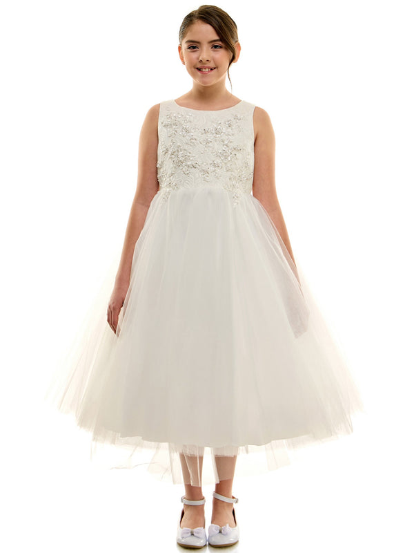 Petite Adele Big Girls Ivory Jacquard Tulle Beaded Luna Communion Dress 8-16 - SophiasStyle.com