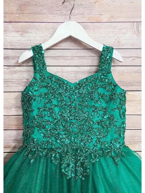 Petite Adele Big Girls Emerald Green Embroidered Bodice Glitter Tulle Gown 8-16 - SophiasStyle.com