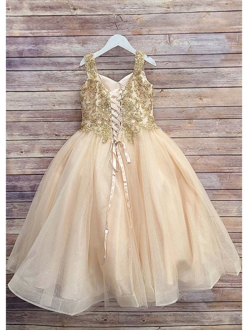 Petite Adele Little Girls Gold Embroidered Bodice Glitter Tulle Gown 2-6 - SophiasStyle.com
