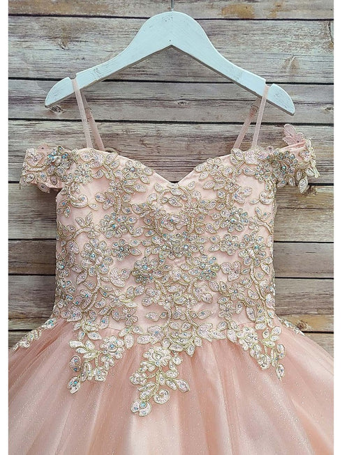 Petite Adele Little Girls Blush Embroidered Bodice Off Shoulder Tulle Gown 2-6 - SophiasStyle.com