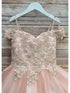 Petite Adele Little Girls Blush Embroidered Bodice Off Shoulder Tulle Gown 2-6 - SophiasStyle.com