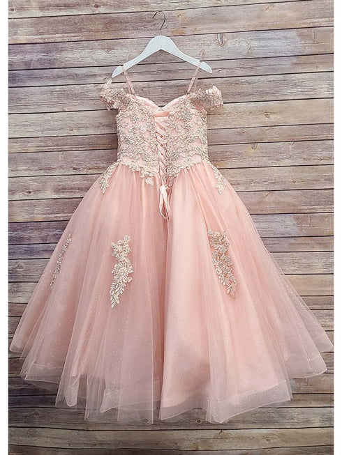 Petite Adele Little Girls Blush Embroidered Bodice Off Shoulder Tulle Gown 2-6 - SophiasStyle.com