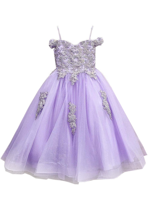 Petite Adele Little Girls Lilac Embroidered Bodice Off Shoulder Tulle Gown 2-6 - SophiasStyle.com
