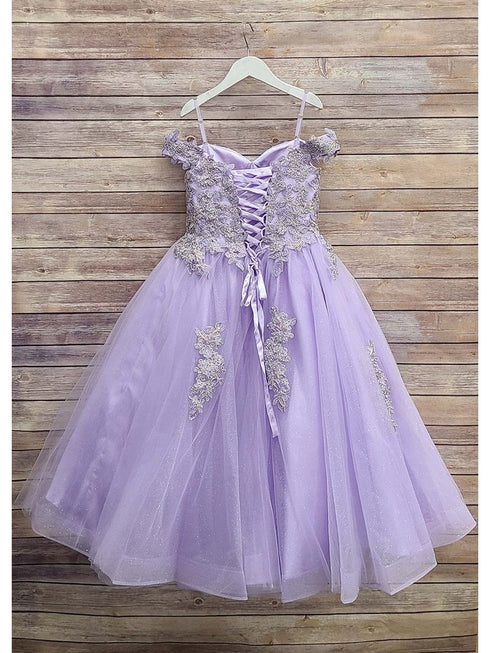 Petite Adele Little Girls Lilac Embroidered Bodice Off Shoulder Tulle Gown 2-6 - SophiasStyle.com