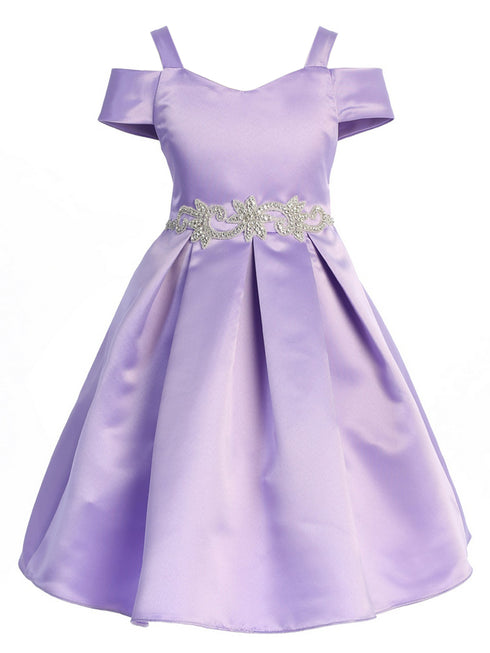 Satin Flower Girl Dress with Cold Shoulder and Pleated Skirt, Sizes 2-14 - SophiasStyle.com