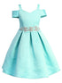 Satin Flower Girl Dress with Cold Shoulder and Pleated Skirt, Sizes 2-14 - SophiasStyle.com