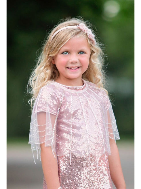 Petite Adele Girls Blush See-Trough Sewn Clasp Stylish Beaded Cape 2T-12 - SophiasStyle.com
