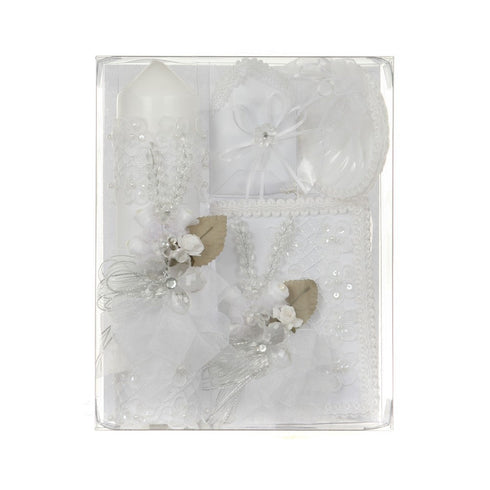 Rain Kids Unisex White Floral Applique Spanish Version Baptism Candle Set - SophiasStyle.com