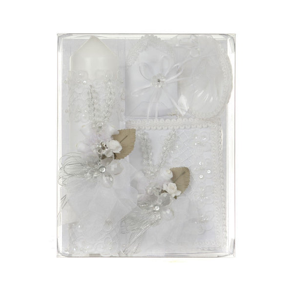 Rain Kids Unisex White Floral Applique Spanish Version Baptism Candle Set - SophiasStyle.com