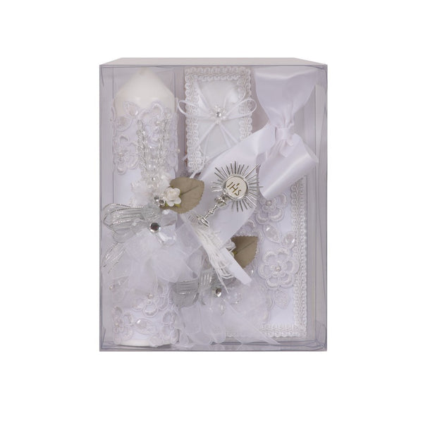 Rain Kids Boys White Floral Applique English Version First Communion Candle Set - SophiasStyle.com