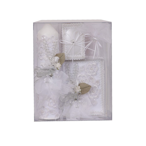 Rain Kids Girls White Floral Applique Spanish Version First Communion Candle Set - SophiasStyle.com