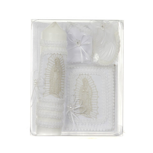 Rain Kids Unisex White Virgin Mary Detail Spanish Version Baptism Candle Set - SophiasStyle.com