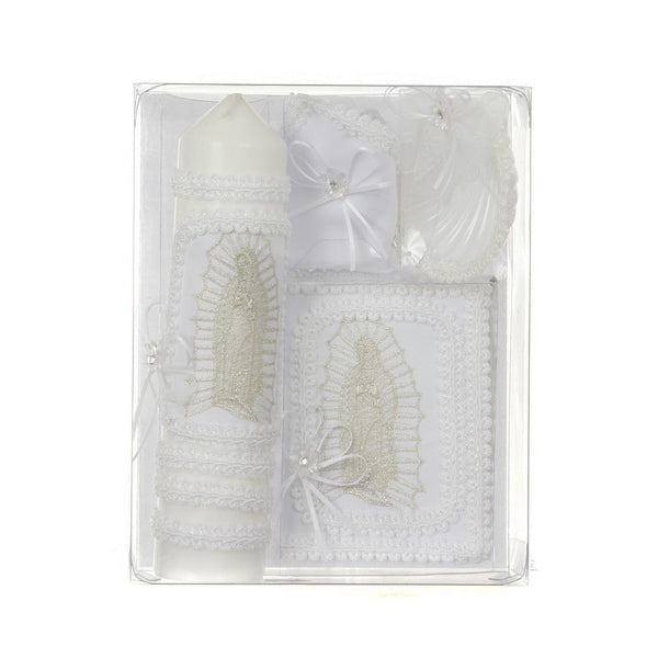 Rain Kids Unisex White Virgin Mary Detail Spanish Version Baptism Candle Set - SophiasStyle.com