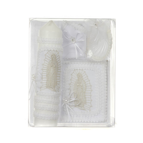 Rain Kids Unisex White Virgin Mary Detail Spanish Version Baptism Candle Set - SophiasStyle.com