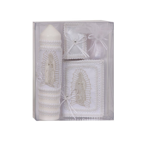 Rain Kids Girls White Virgin Mary Detail English First Communion Candle Set - SophiasStyle.com