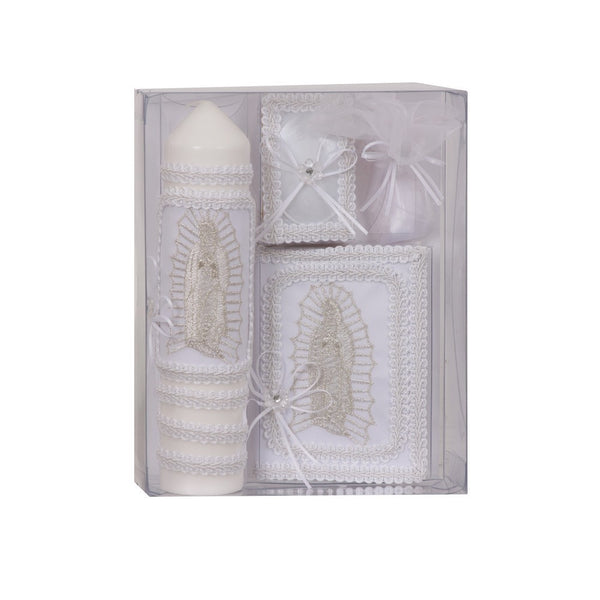Rain Kids Girls White Virgin Mary Detail Spanish First Communion Candle Set - SophiasStyle.com