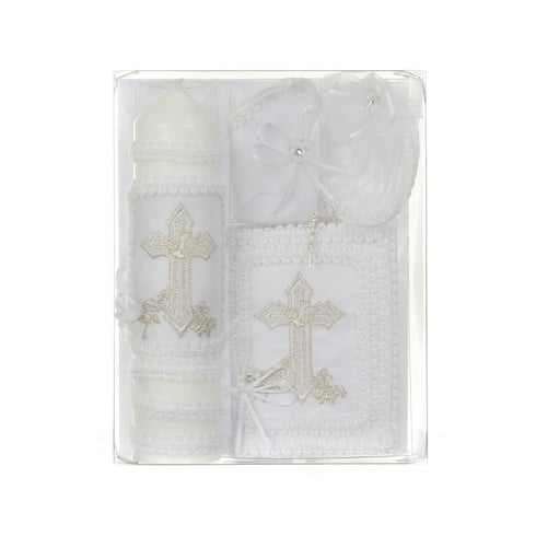 Rain Kids Unisex White Cross Embroidery English Version Baptism Candle Set - SophiasStyle.com