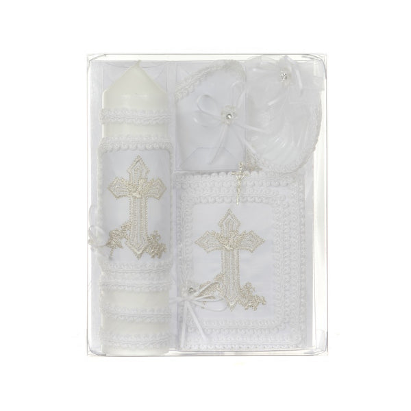 Rain Kids Unisex White Cross Embroidery Spanish Version Baptism Candle Set - SophiasStyle.com