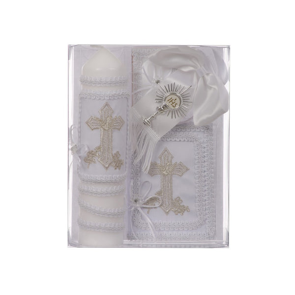 Rain Kids Boys White Cross Detail Spanish Version First Communion Candle Set - SophiasStyle.com