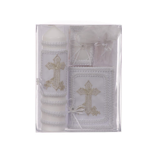 Rain Kids Girls White Cross Detail Spanish Version First Communion Candle Set - SophiasStyle.com