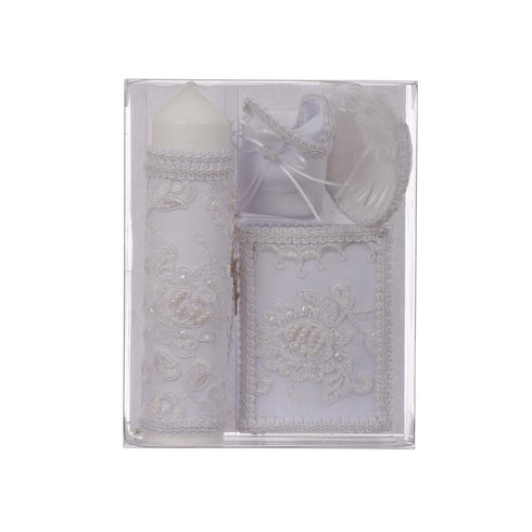 Rain Kids Unisex White Flower Beaded Embroidery English Baptism Candle Set - SophiasStyle.com