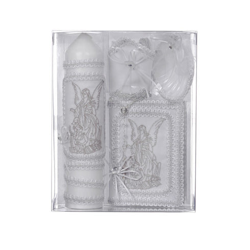 Rain Kids Unisex White Angel Embroidery English Version Baptism Candle Set - SophiasStyle.com