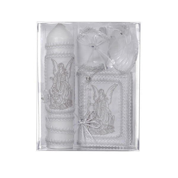 Rain Kids Unisex White Angel Embroidery Spanish Version Baptism Candle Set - SophiasStyle.com