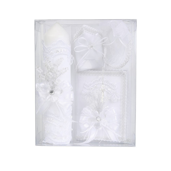 Rain Kids Unisex White Flower Ribbon Applique English Baptism Candle Set - SophiasStyle.com