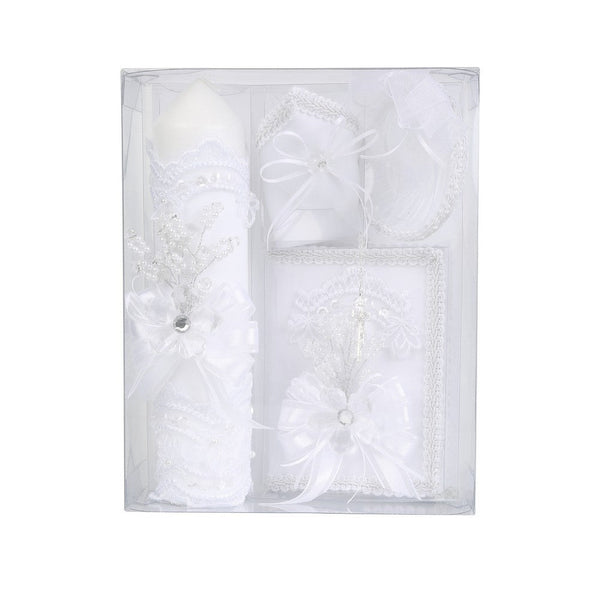 Rain Kids Unisex White Flower Ribbon Applique English Baptism Candle Set - SophiasStyle.com