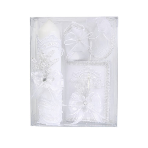 Rain Kids Unisex White Flower Ribbon Applique Spanish Baptism Candle Set - SophiasStyle.com