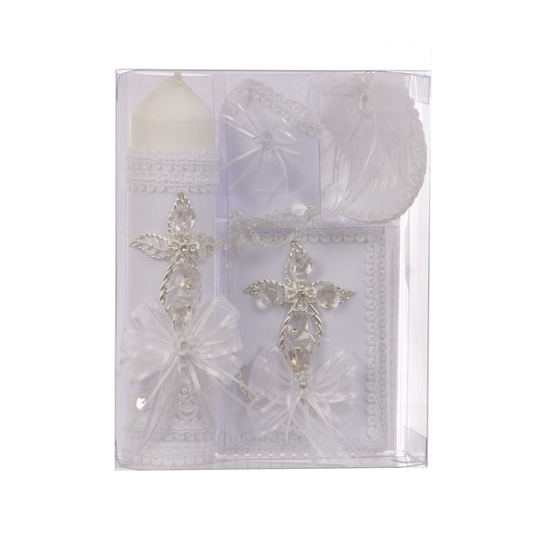 Rain Kids Unisex White Cross Ribbon Applique Spanish Baptism Candle Set - SophiasStyle.com