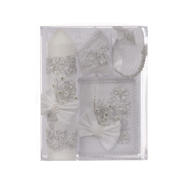Rain Kids Unisex White Bow Flower Applique English Version Baptism Candle Set - SophiasStyle.com