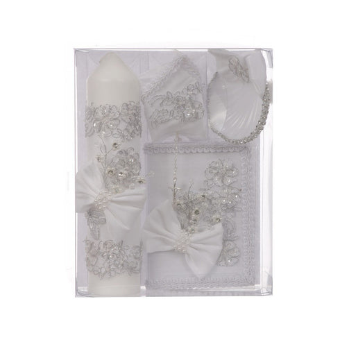 Rain Kids Unisex White Bow Flower Applique Spanish Version Baptism Candle Set - SophiasStyle.com