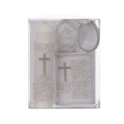 Rain Kids Unisex White Flower Applique Cross Spanish Version Baptism Candle Set - SophiasStyle.com