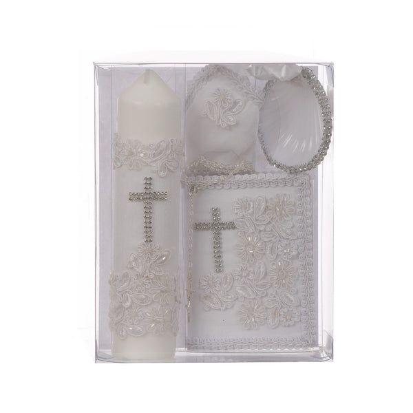 Rain Kids Unisex White Flower Applique Cross Spanish Version Baptism Candle Set - SophiasStyle.com