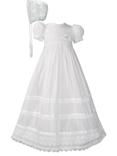 Baby Girls White Cotton Lace Ribbon Short Sleeve Hat Christening Gown 0-24M - SophiasStyle.com