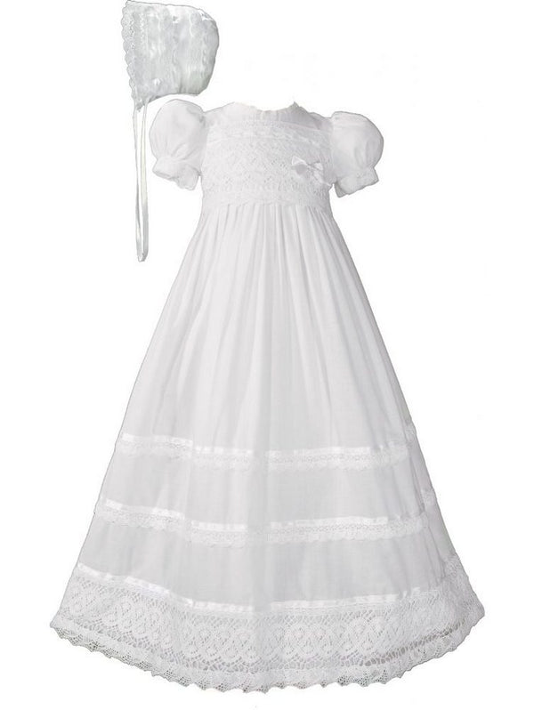 Baby Girls White Cotton Lace Ribbon Short Sleeve Hat Christening Gown 0-24M - SophiasStyle.com