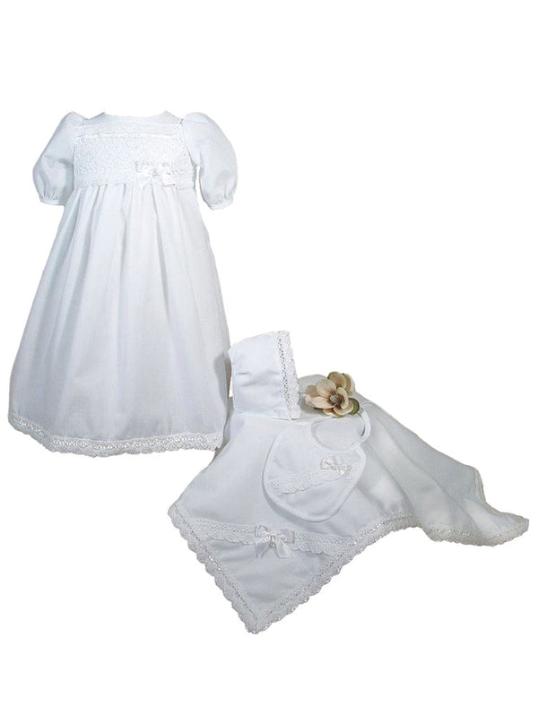 Baby Girls White Dress Blanket Bib Bonnet Christening Set Preemie - SophiasStyle.com