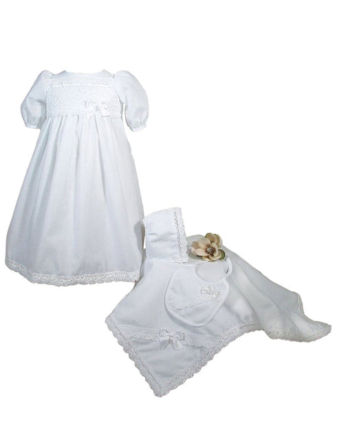 Baby Girls White Dress Blanket Bib Bonnet Christening Set Preemie - SophiasStyle.com