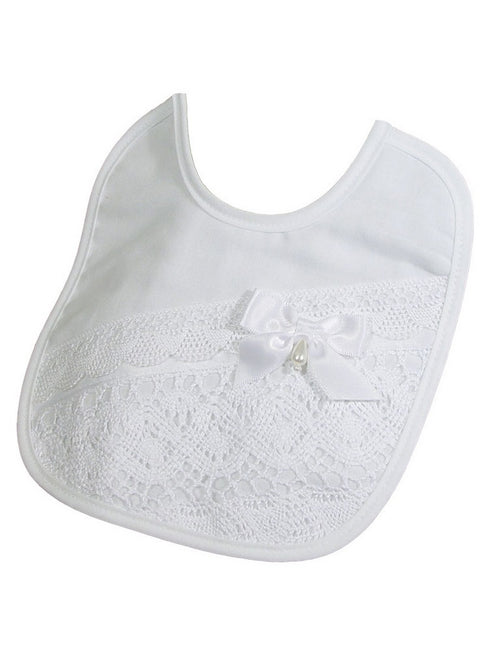 Little Things Mean A Lot Baby Girls White Cluny Trim Cotton Bib - SophiasStyle.com