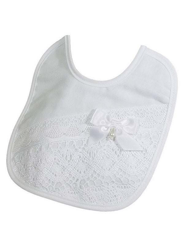 Little Things Mean A Lot Baby Girls White Cluny Trim Cotton Bib - SophiasStyle.com