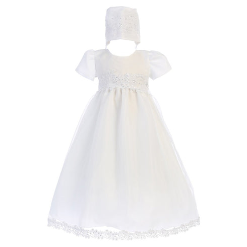 Lito Baby Girls White Sequin Trim Organza Gown Bonnet Christening Set 0-18M - SophiasStyle.com