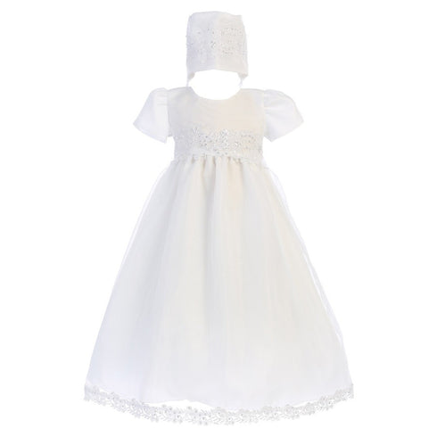 Lito Baby Girls White Sequin Trim Organza Gown Bonnet Christening Set 0-18M - SophiasStyle.com